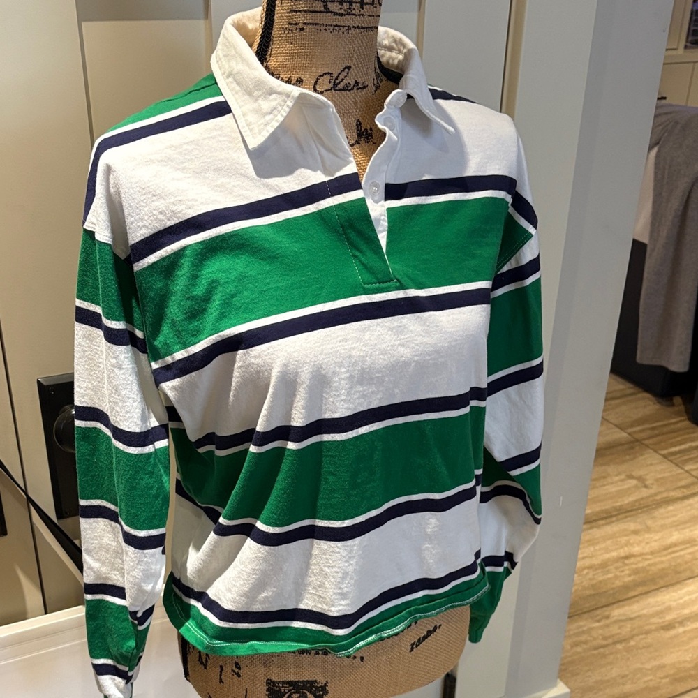 Striped Rugby Polo Shirt in Green, White & Navy